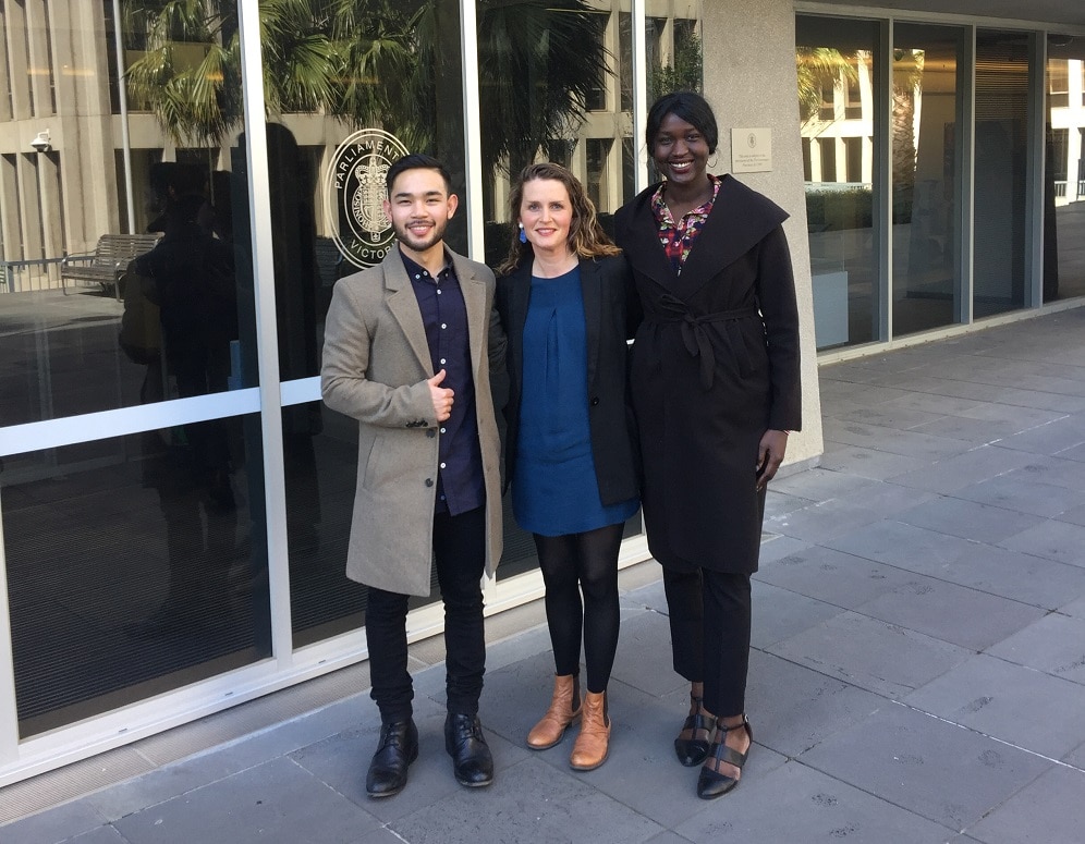 Shadab, Willow and Emmanuela outside Parliament Victoria